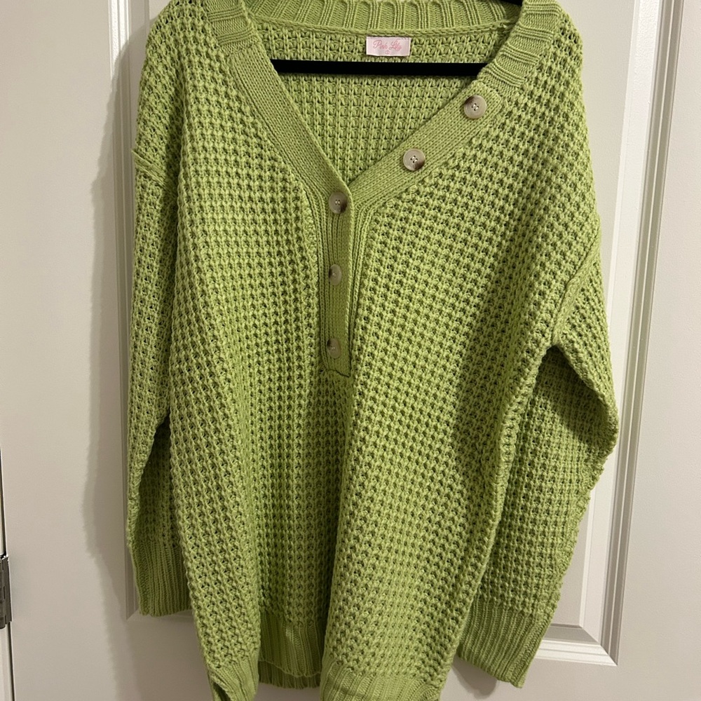 Pink Lily Green V-Neck Sweater with Buttons